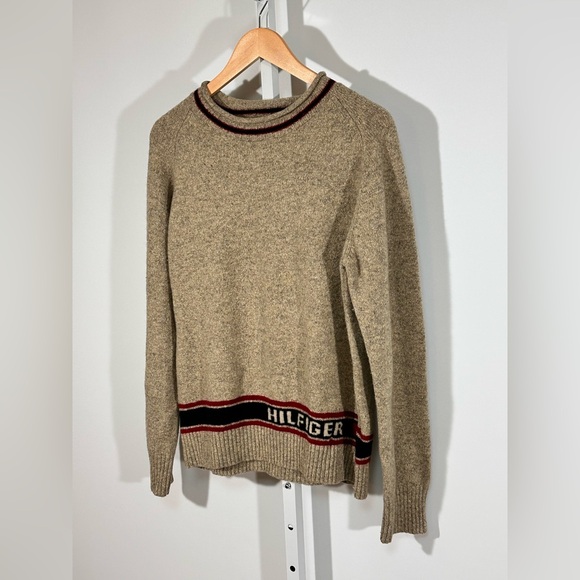 90’s Rollneck Tommy Hilfiger Wool Logo Stripe Crew Sweater Beige Vintage Knit XL